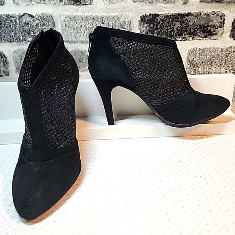 Alfani Womens Black Suede High Heel Bootie Size 6.5 Stiletto Witchy Mesh Shoetie